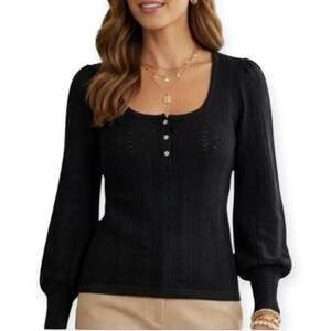 NWT Tuckernuck Black Pointelle Knit Henley Puff Sleeve Knit Top Small